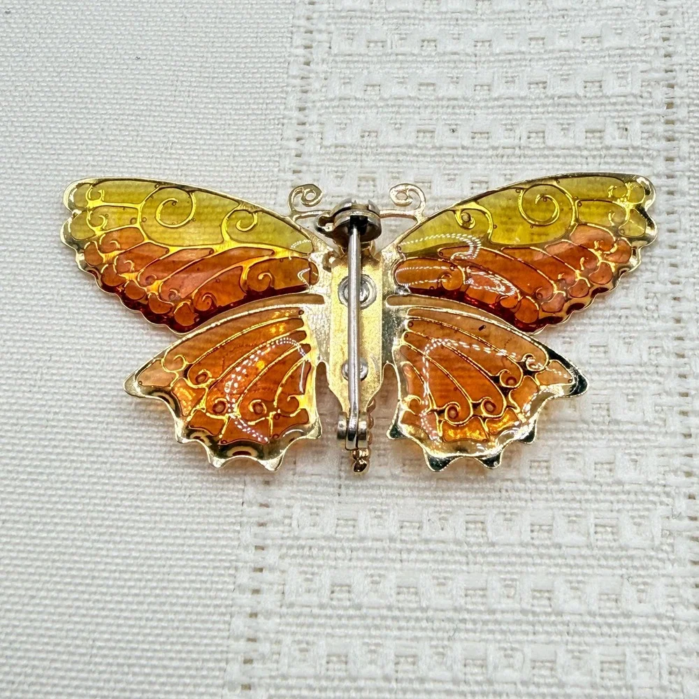 Vintage 70s Avon Orange Yellow Butterfly Wings w/ Stained Glass Effect Brooch